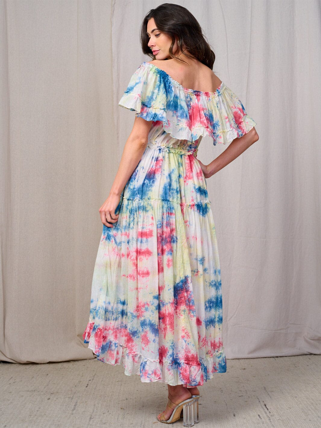 WOMEN'S SHORT SLEEVE OFF SHOULDER ELASTIC WAIST TIE DYE MAXI DRESS