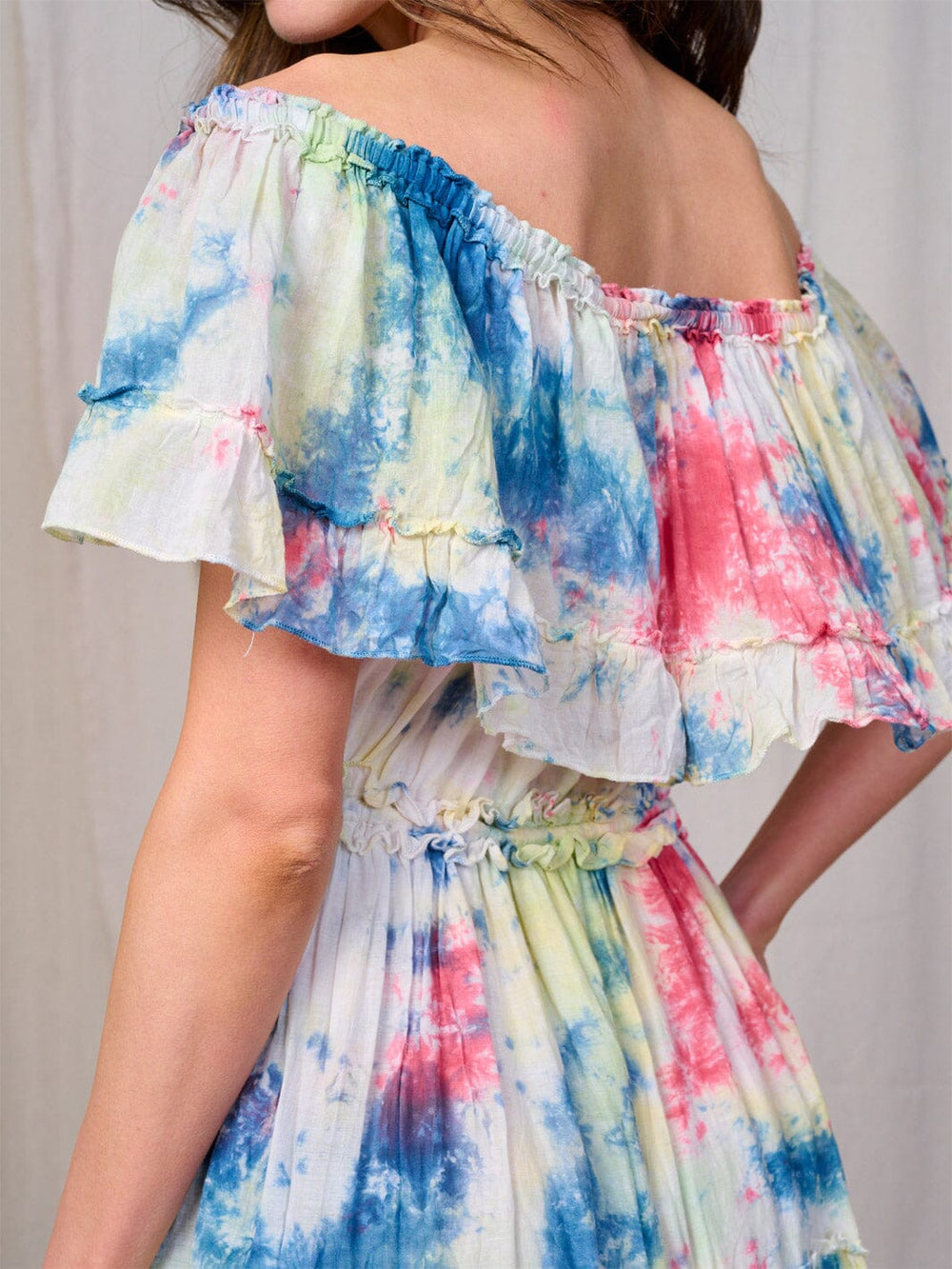 WOMEN'S SHORT SLEEVE OFF SHOULDER ELASTIC WAIST TIE DYE MAXI DRESS
