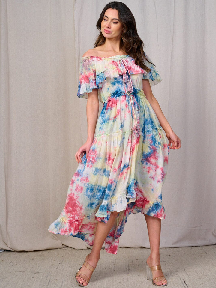 WOMEN'S SHORT SLEEVE OFF SHOULDER ELASTIC WAIST TIE DYE MAXI DRESS