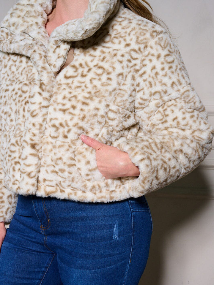 PLUS SIZE LONG SLEEVE ZIP UP POCKETS ANIMAL PRINT SHERPA JACKET