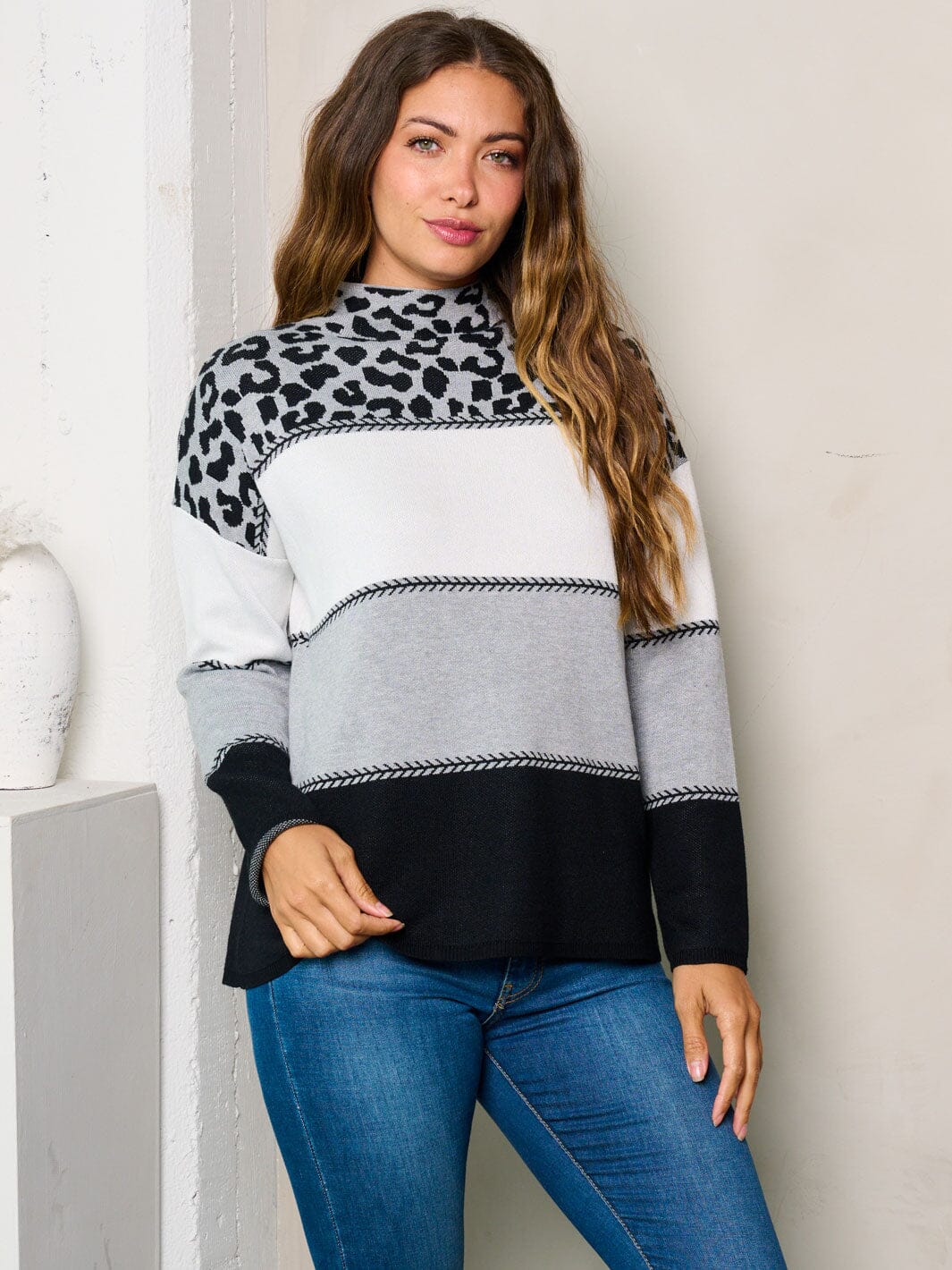 WOMEN'S LONG SLEEVE MOCK NECK COLORBLOCK ANIMAL PRINT TOP ...