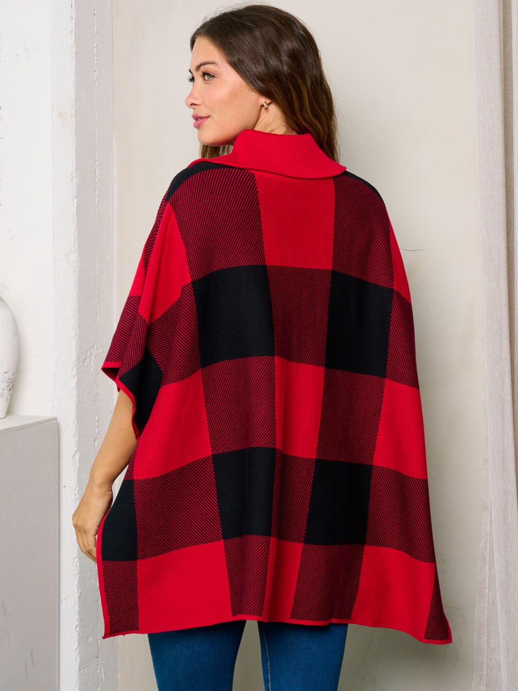 WOMEN'S SHORT SLEEVE POCKETS CHECKERS PRINT ZIP UP PONCHO ...