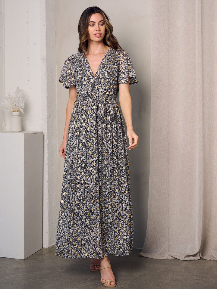 WOMEN'S SHORT SLEEVE SURPLICE SHIMMER DETAILED FLORAL MAXI DRESS