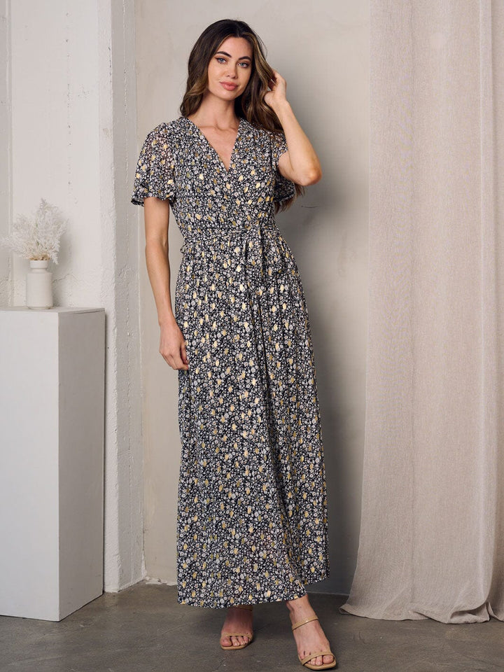 WOMEN'S SHORT SLEEVE SURPLICE SHIMMER DETAILED FLORAL MAXI DRESS