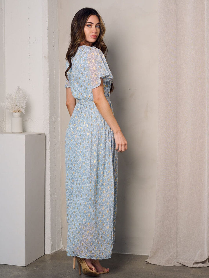 WOMEN'S SHORT SLEEVE SURPLICE SHIMMER DETAILED FLORAL MAXI DRESS