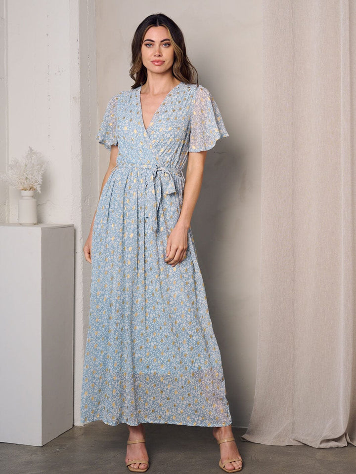 WOMEN'S SHORT SLEEVE SURPLICE SHIMMER DETAILED FLORAL MAXI DRESS