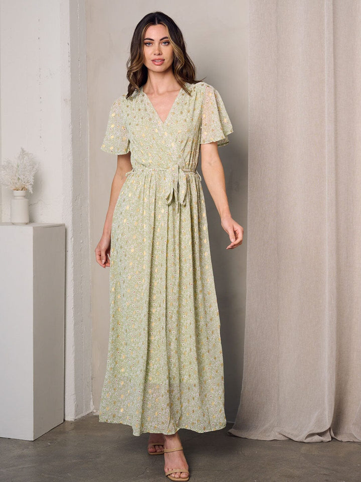 WOMEN'S SHORT SLEEVE SURPLICE SHIMMER DETAILED FLORAL MAXI DRESS