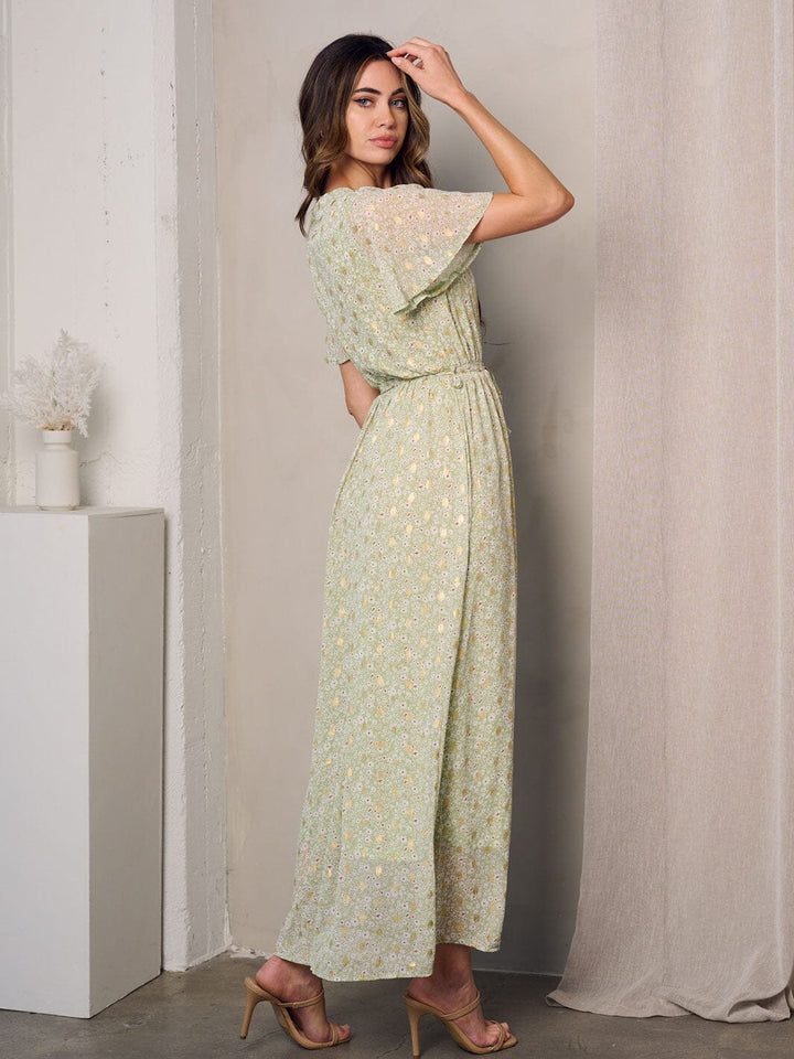 WOMEN'S SHORT SLEEVE SURPLICE SHIMMER DETAILED FLORAL MAXI DRESS
