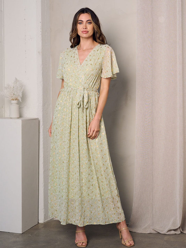 WOMEN'S SHORT SLEEVE SURPLICE SHIMMER DETAILED FLORAL MAXI DRESS