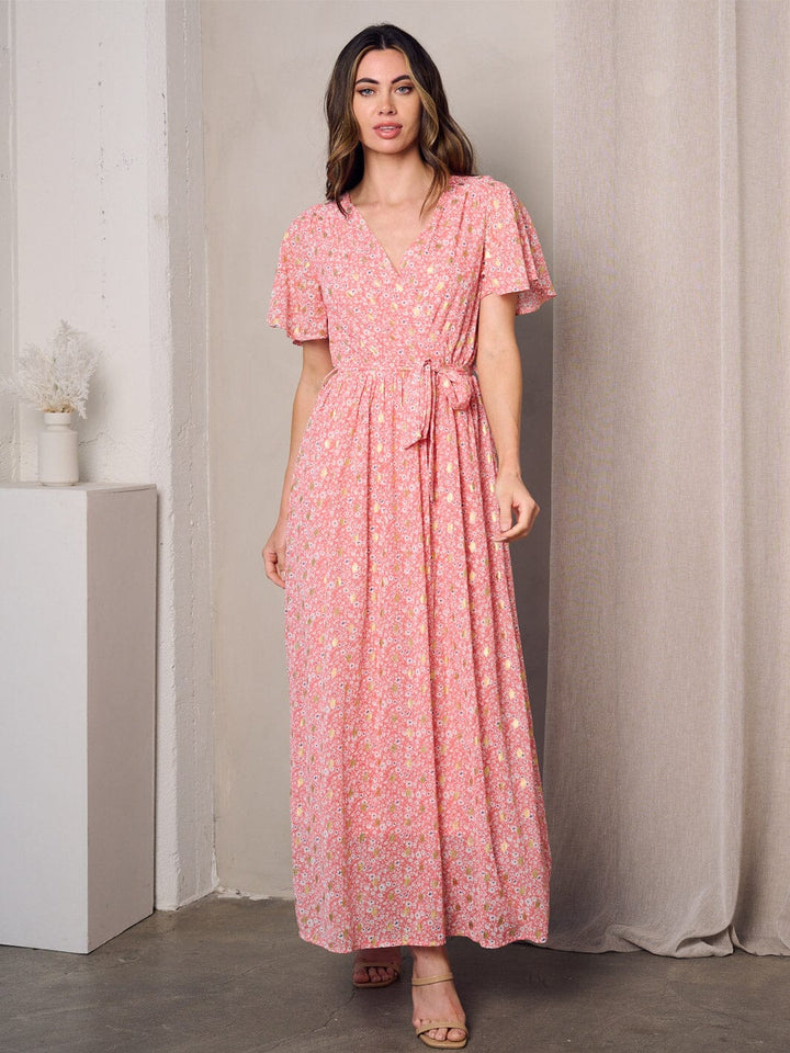 WOMEN'S SHORT SLEEVE SURPLICE SHIMMER DETAILED FLORAL MAXI DRESS