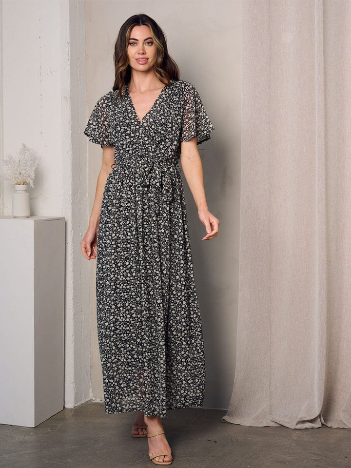 WOMEN'S SHORT SLEEVE SURPLICE SHIMMER DETAILED FLORAL MAXI DRESS