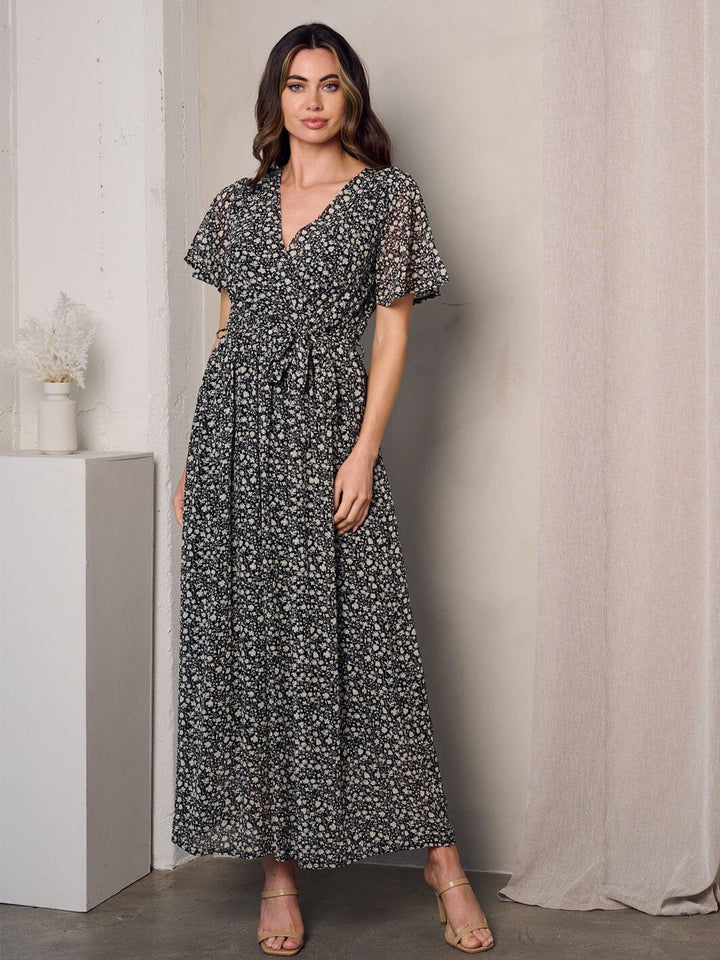 WOMEN'S SHORT SLEEVE SURPLICE SHIMMER DETAILED FLORAL MAXI DRESS