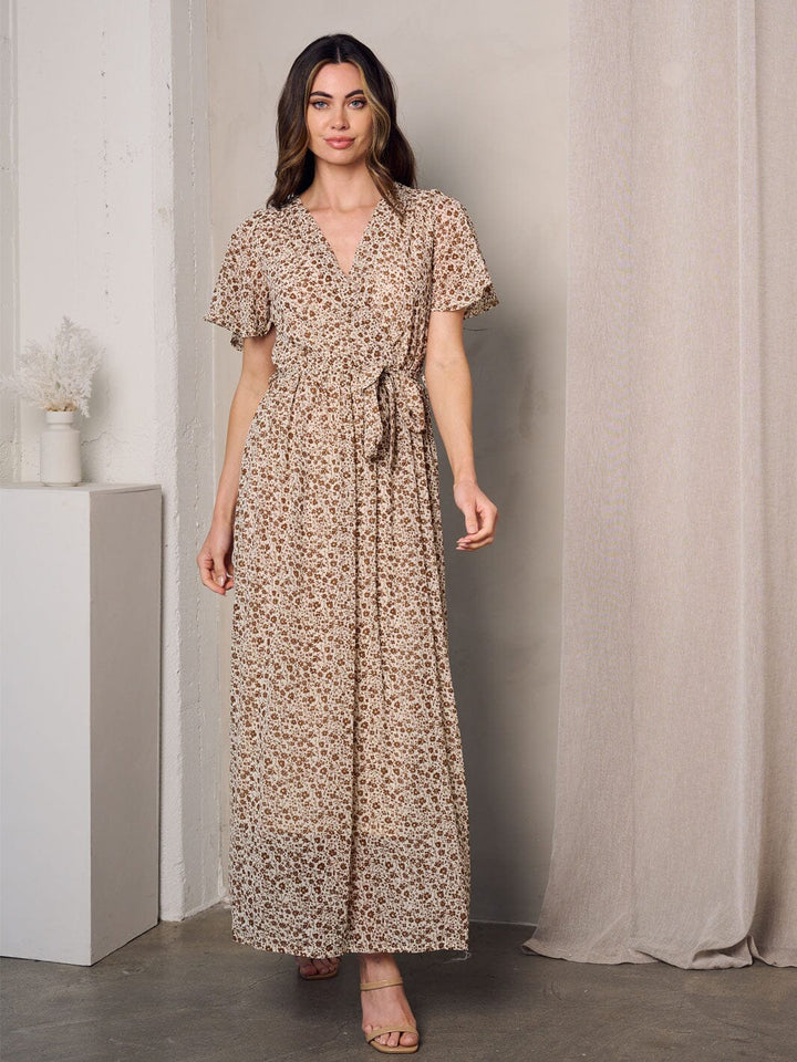 WOMEN'S SHORT SLEEVE SURPLICE SHIMMER DETAILED FLORAL MAXI DRESS