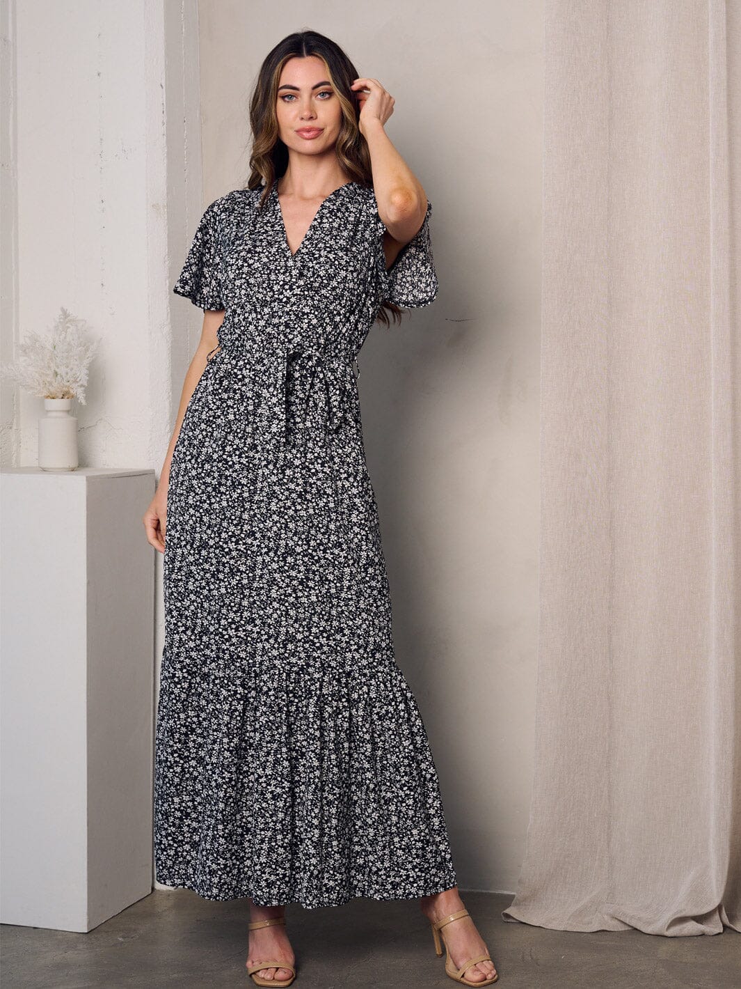 WOMEN'S SHORT SLEEVE SURPLICE SELF TIE FLORAL MAXI DRESS