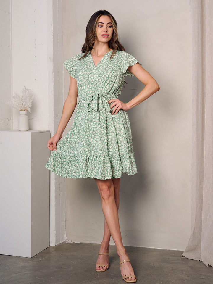 WOMEN'S SHORT SLEEVE SURPLICE RUFFLE FLORAL MINI DRESS