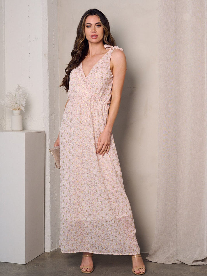 WOMEN'S SLEEVELESS SURPLICE SHIMMER DETAILED FLORAL MAXI DRESS