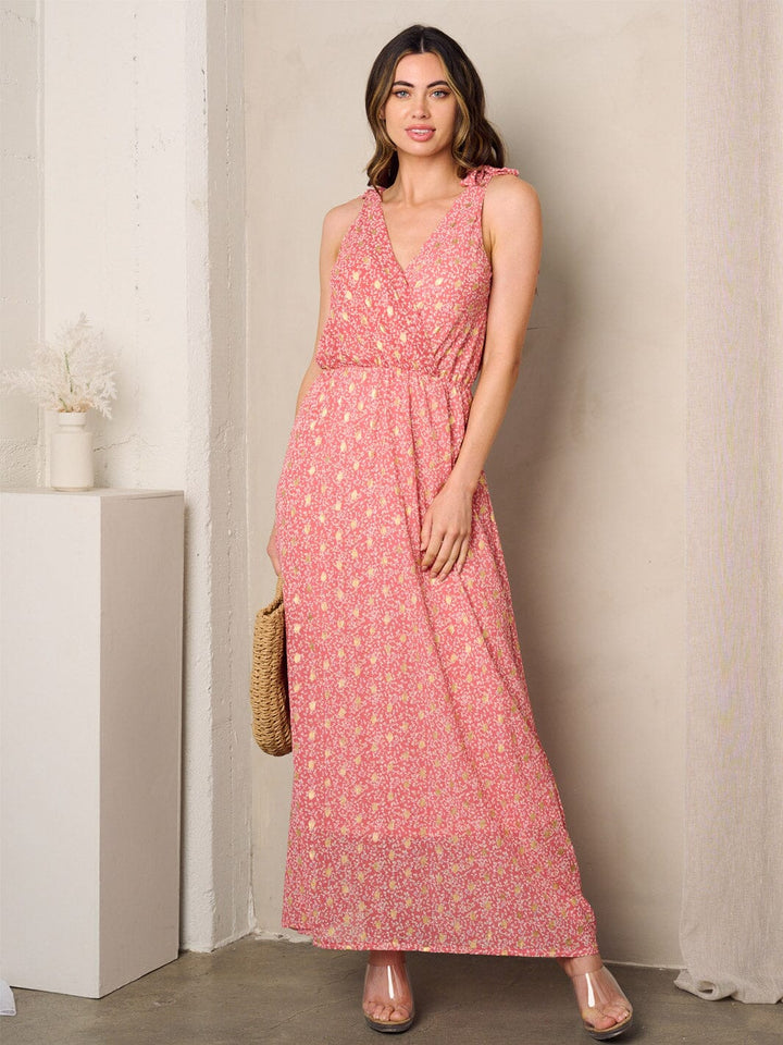 WOMEN'S SLEEVELESS SURPLICE SHIMMER DETAILED FLORAL MAXI DRESS