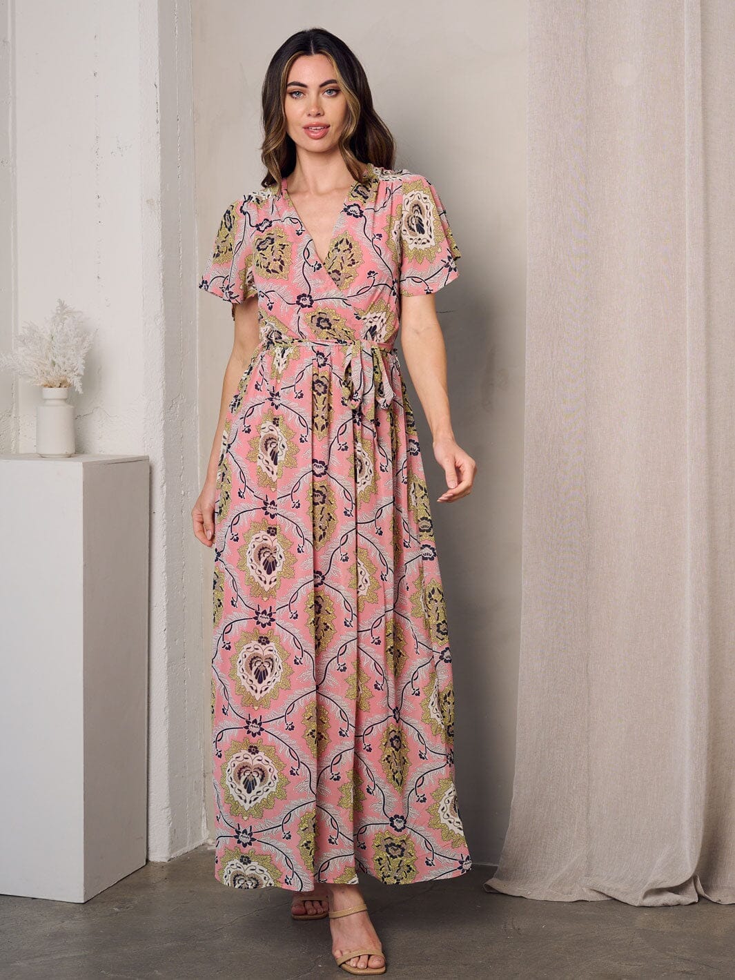 WOMEN'S SHORT SLEEVE SURPLICE SELF TIE MULTI PRINT MAXI DRESS