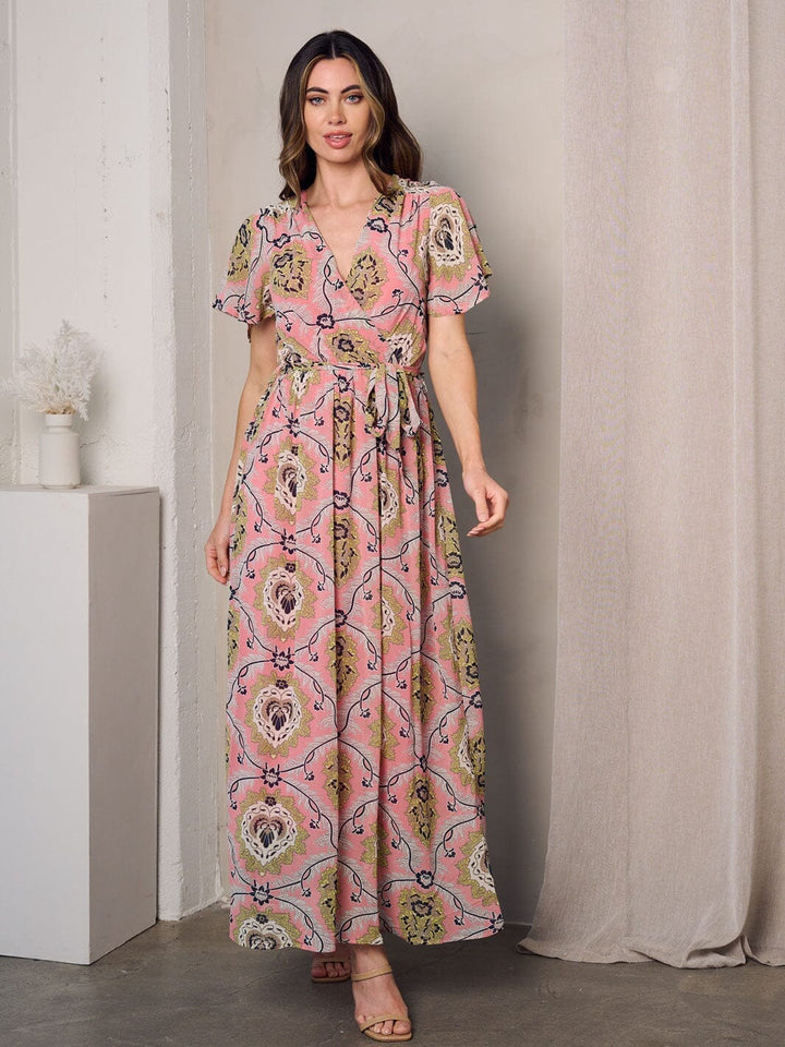 WOMEN'S SHORT SLEEVE SURPLICE SELF TIE MULTI PRINT MAXI DRESS