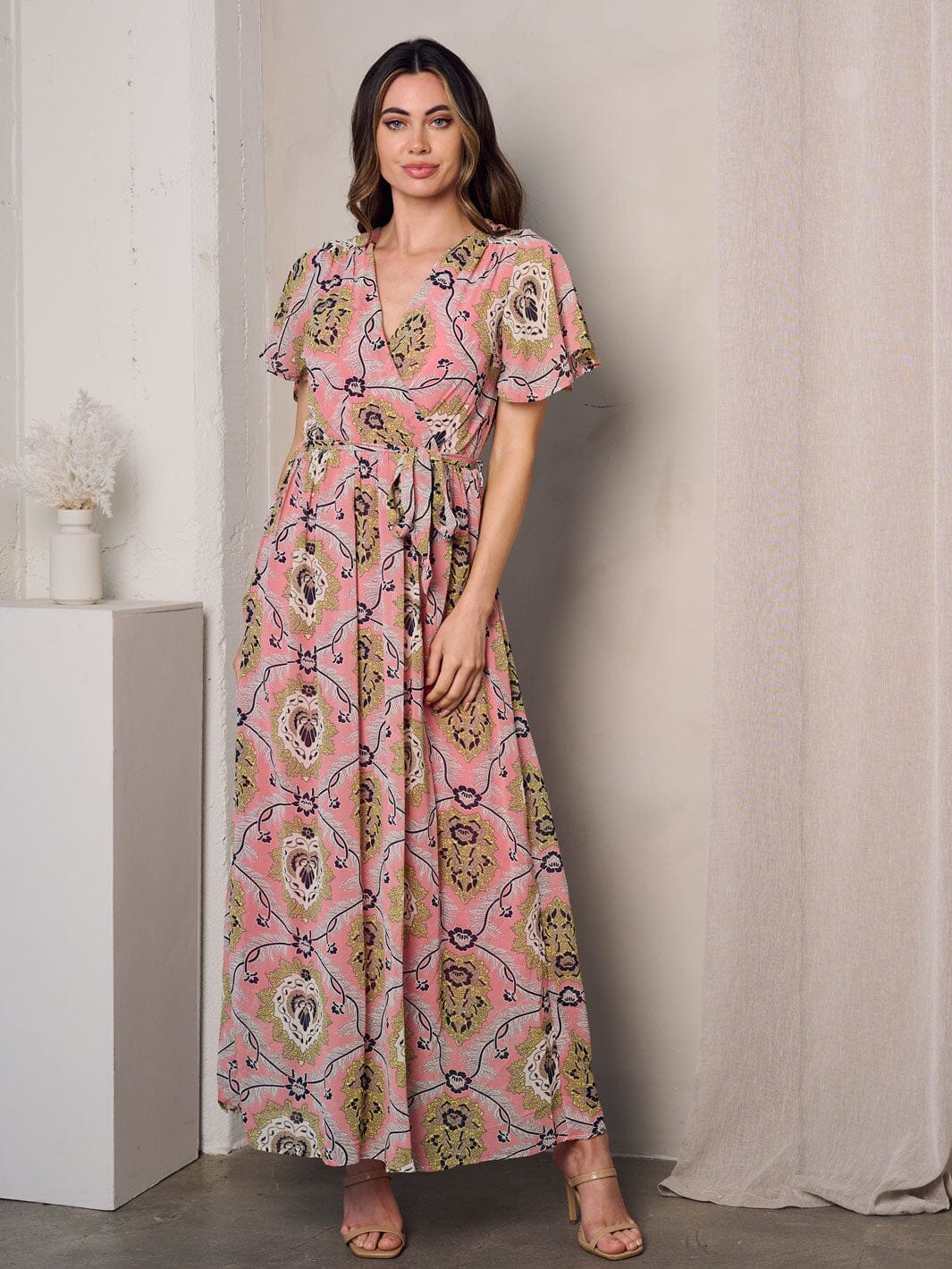 WOMEN'S SHORT SLEEVE SURPLICE SELF TIE MULTI PRINT MAXI DRESS