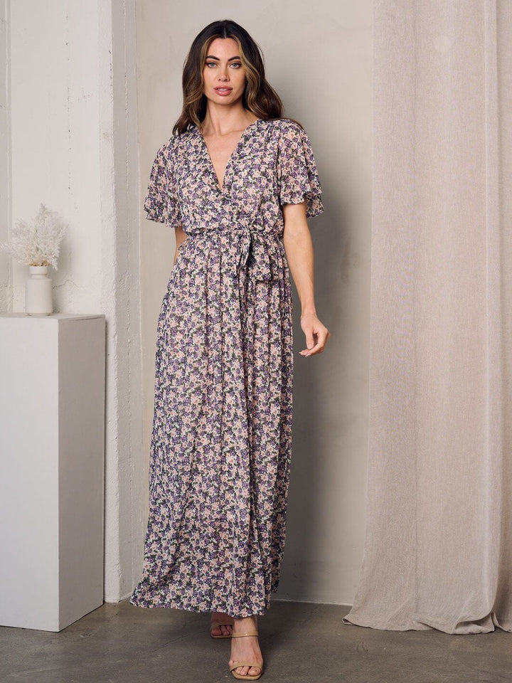 WOMEN'S SHORT SLEEVE SURPLICE DETAILED FLORAL MAXI DRESS