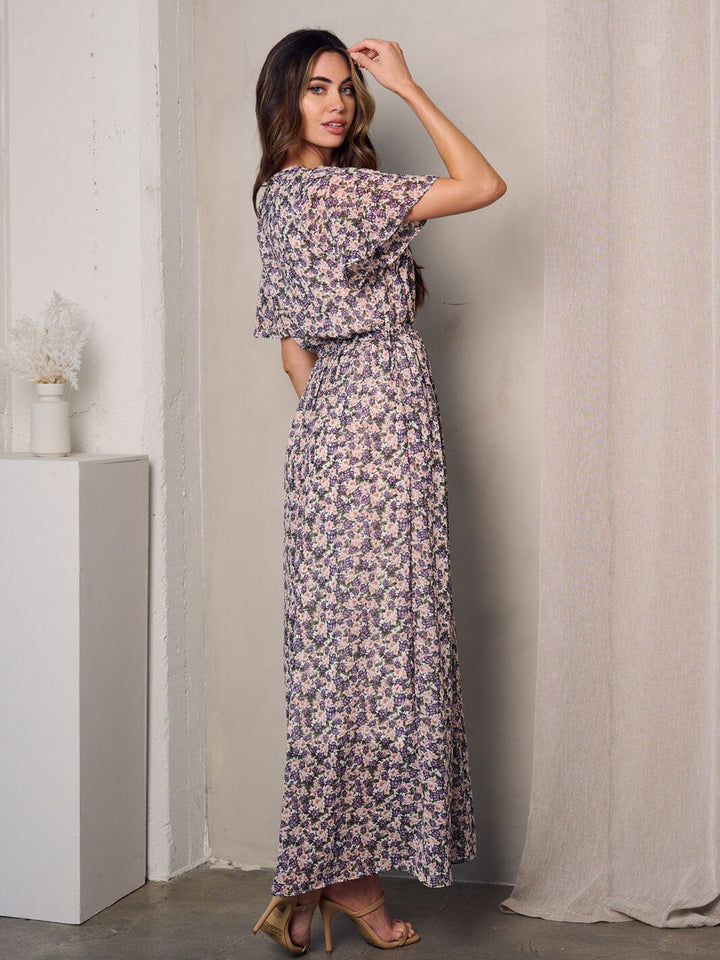 WOMEN'S SHORT SLEEVE SURPLICE DETAILED FLORAL MAXI DRESS