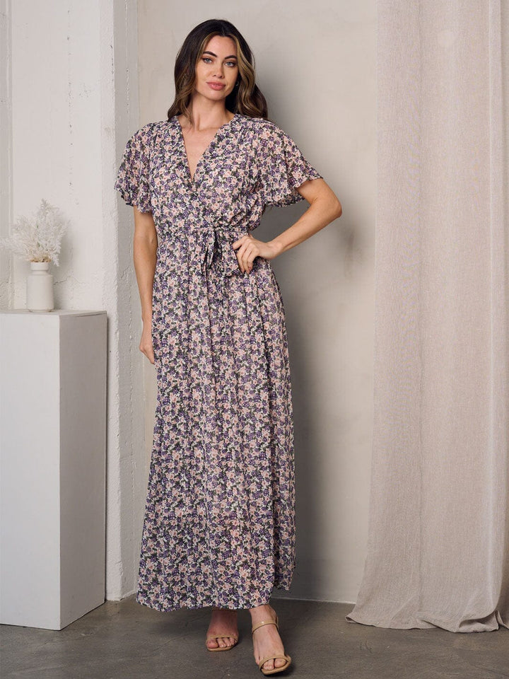 WOMEN'S SHORT SLEEVE SURPLICE DETAILED FLORAL MAXI DRESS