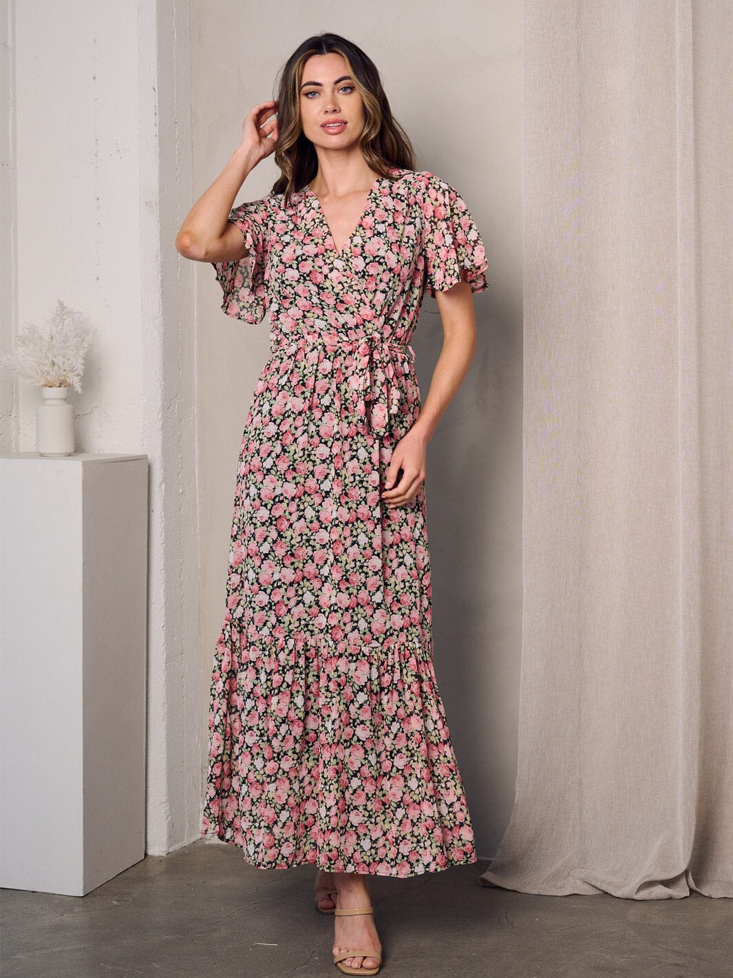 WOMEN'S SHORT SLEEVE SURPLICE SELF TIE FLORAL MAXI DRESS