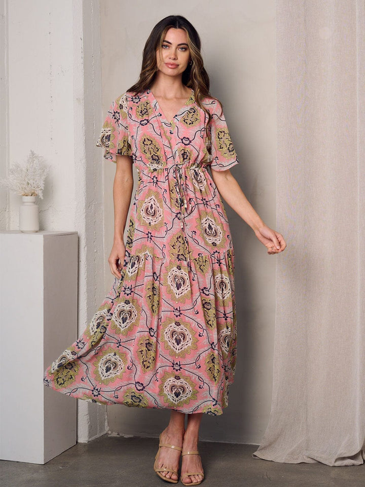 WOMEN'S SHORT SLEEVE V-NECK TIERED FLORAL MAXI DRESS