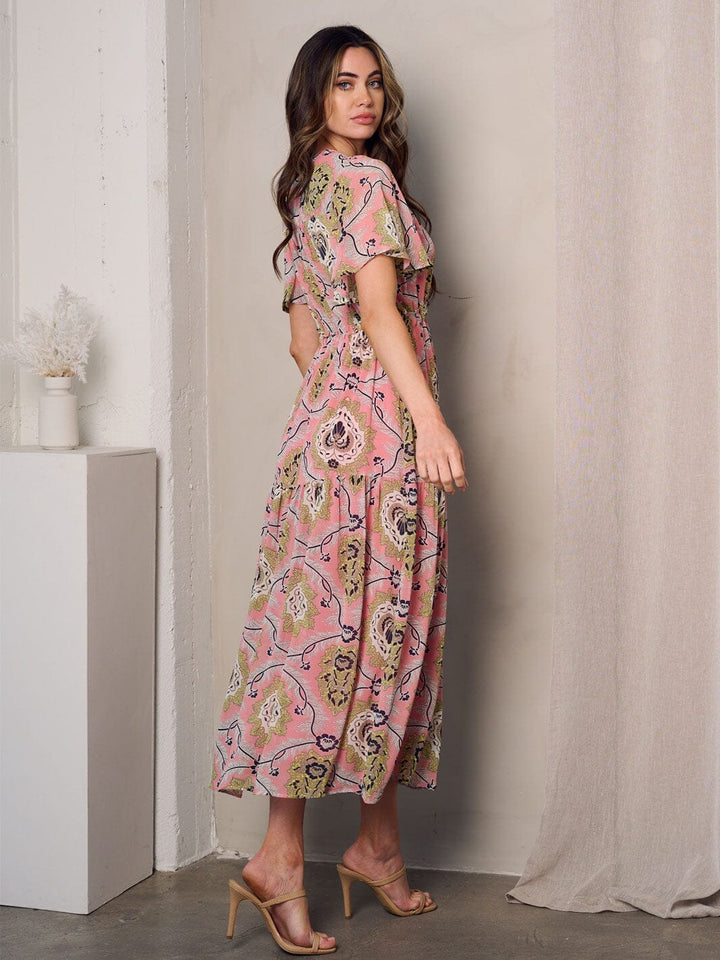 WOMEN'S SHORT SLEEVE V-NECK TIERED FLORAL MAXI DRESS