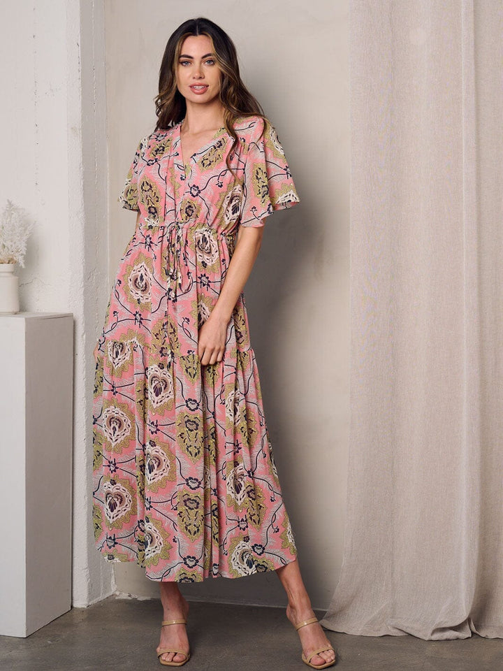 WOMEN'S SHORT SLEEVE V-NECK TIERED FLORAL MAXI DRESS