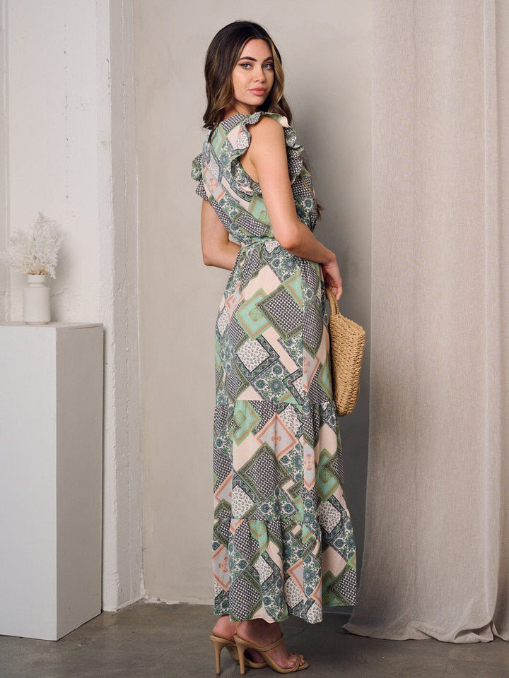 WOMEN'S SLEEVELESS SURPLICE SELF TIE MULTI PRINT MAXI DRESS