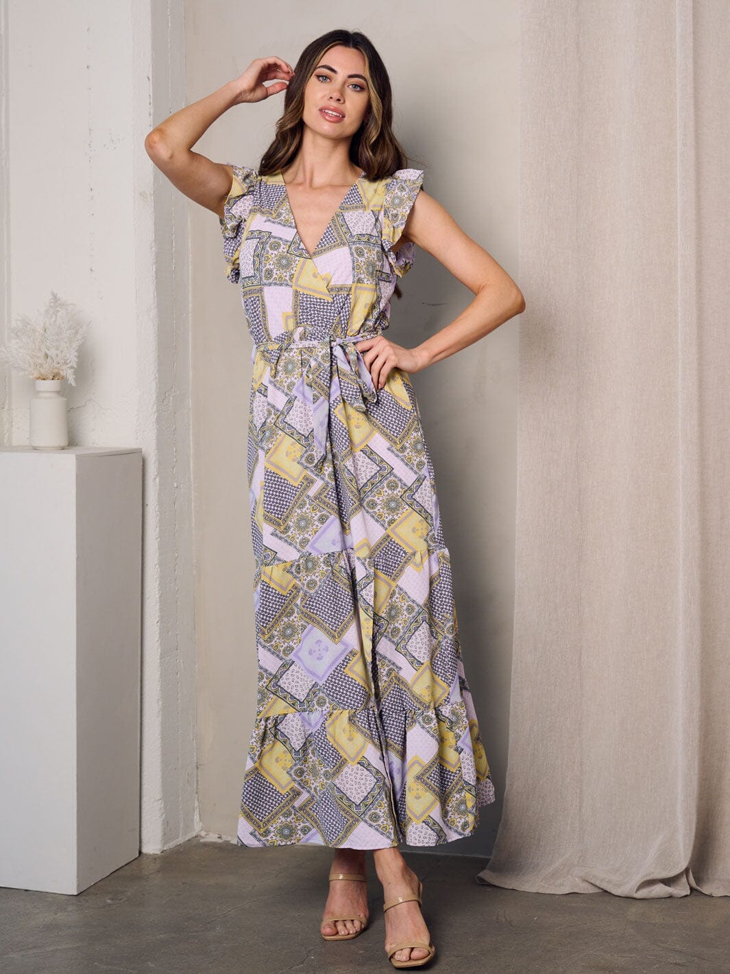 WOMEN'S SLEEVELESS SURPLICE SELF TIE MULTI PRINT MAXI DRESS