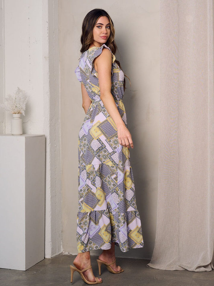 WOMEN'S SLEEVELESS SURPLICE SELF TIE MULTI PRINT MAXI DRESS