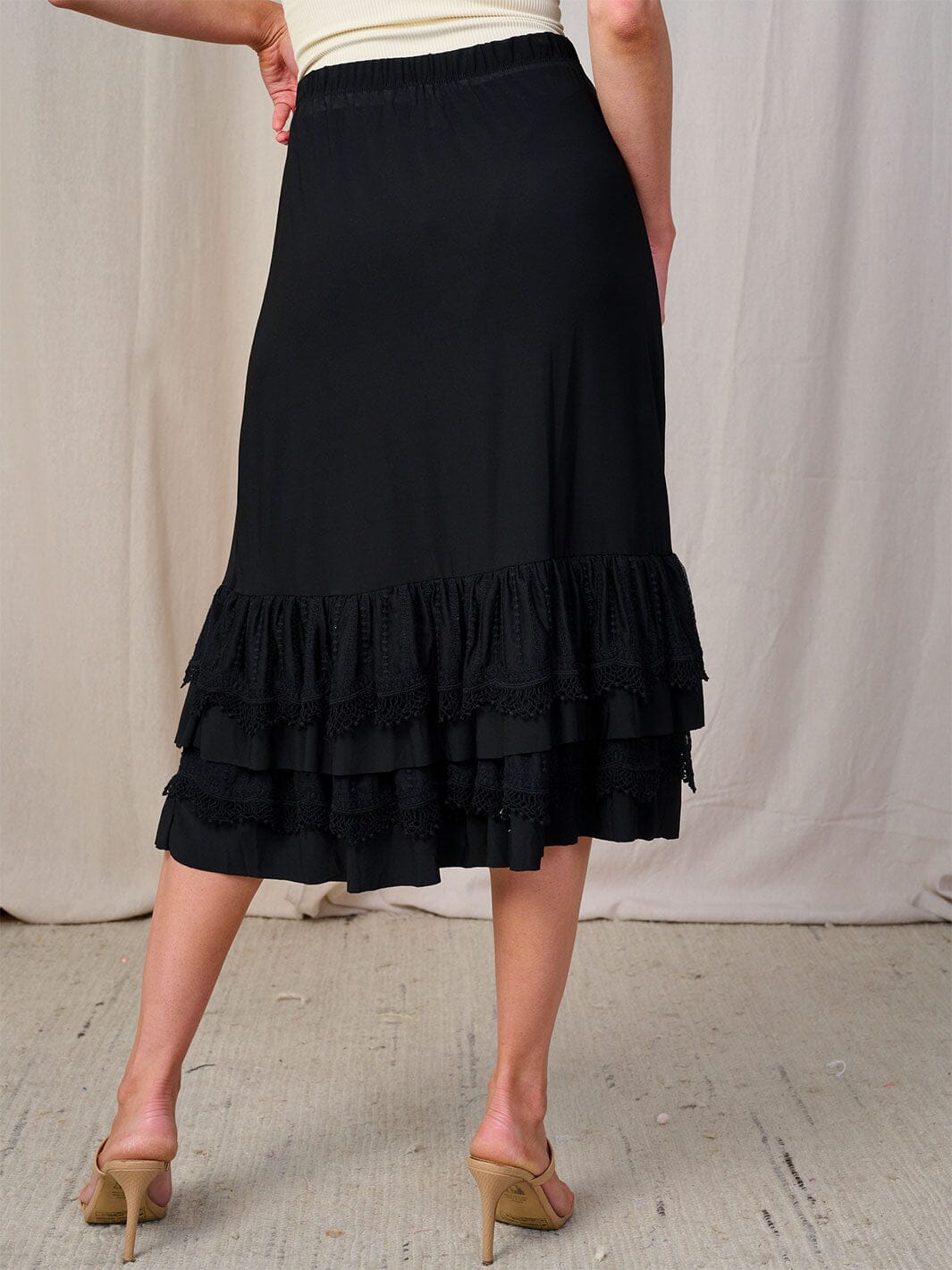WOMEN'S ELASTIC WAIST CROCHET RUFFLE BOTTOM HEM MIDI SKIRT