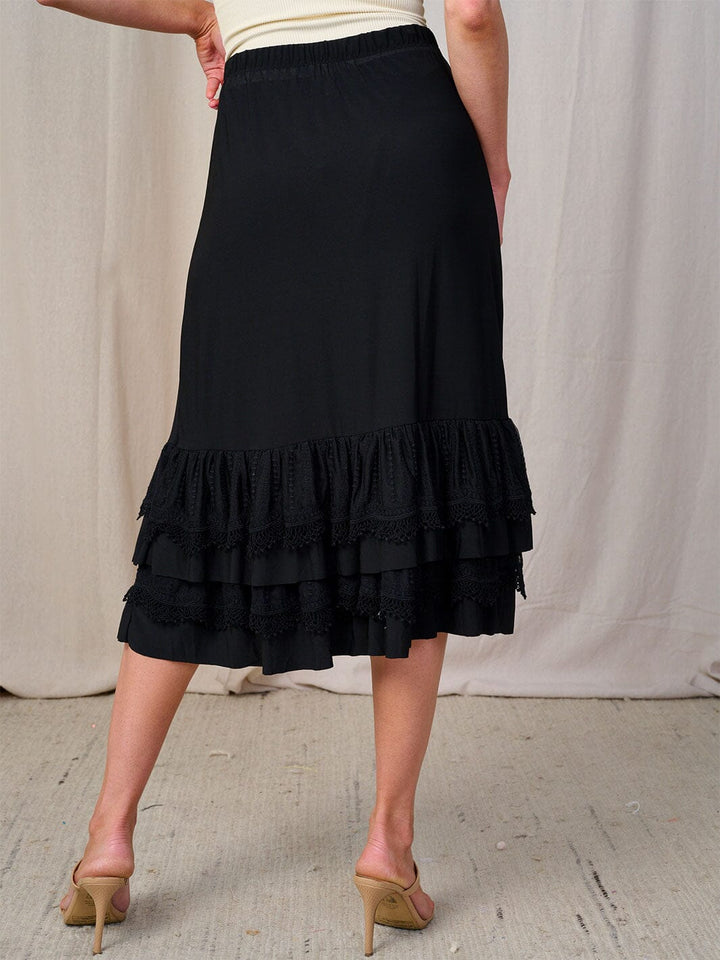 WOMEN'S ELASTIC WAIST CROCHET RUFFLE BOTTOM HEM MIDI SKIRT