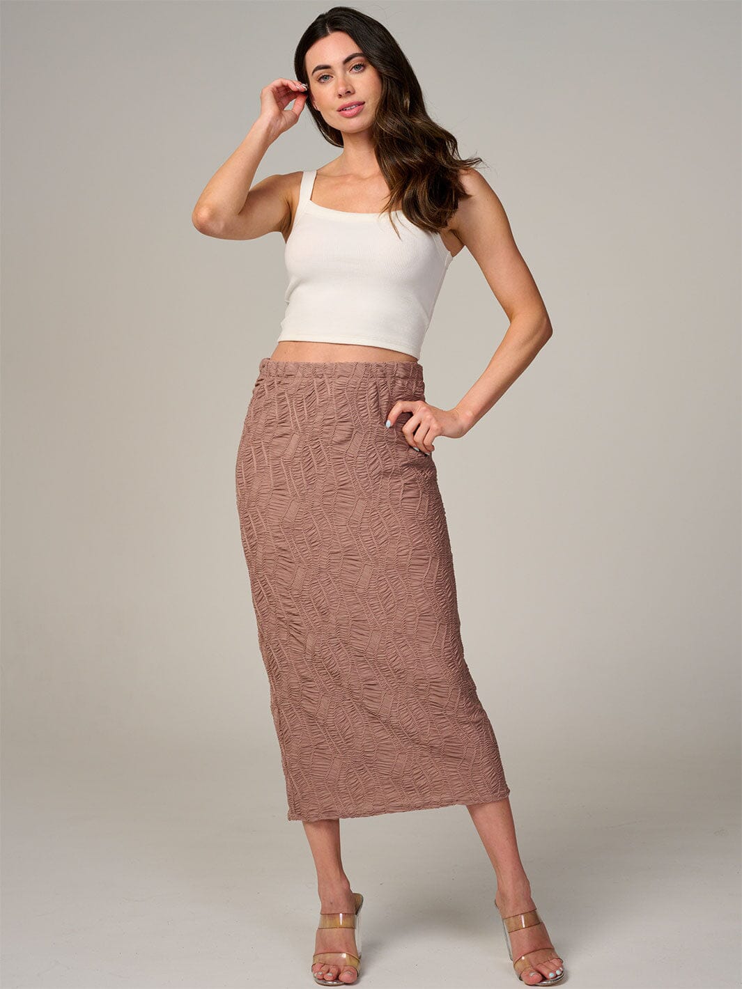WOMEN'S ELASTIC WAIST RUCHED DETAILED MAXI SKIRT