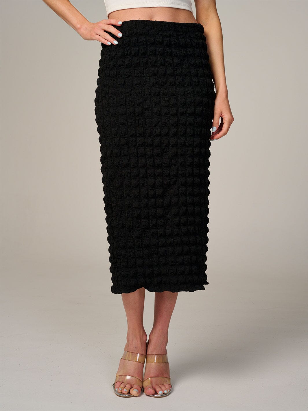 WOMEN'S ELASTIC WAIST WAFFLE MIDI SKIRT