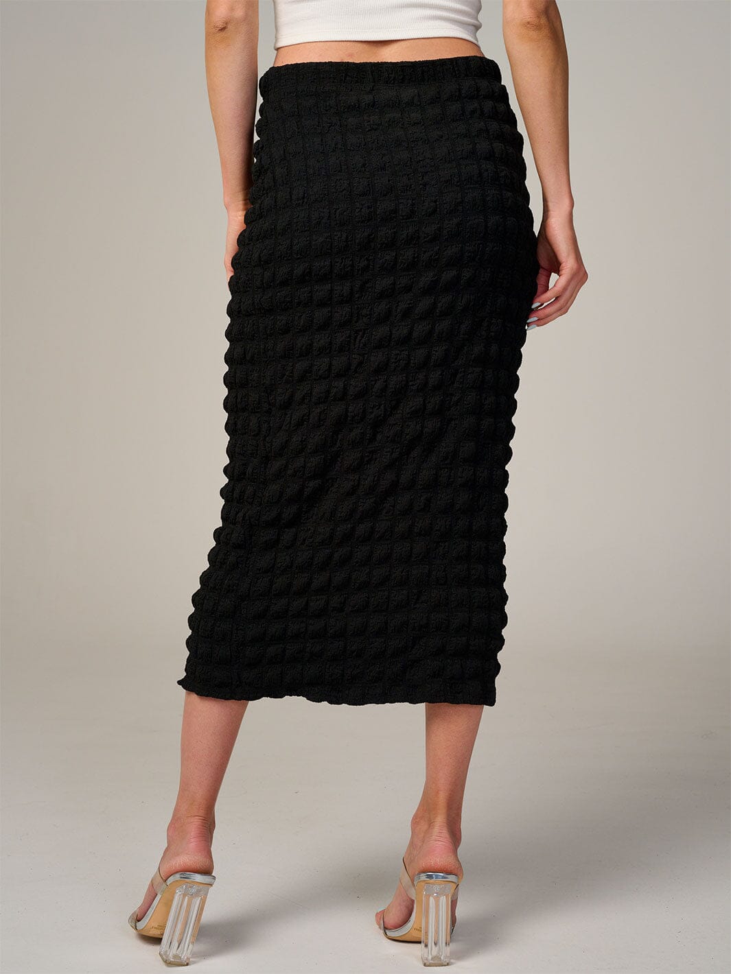 WOMEN'S ELASTIC WAIST WAFFLE MIDI SKIRT