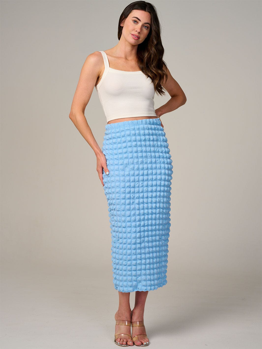 WOMEN'S ELASTIC WAIST WAFFLE MIDI SKIRT