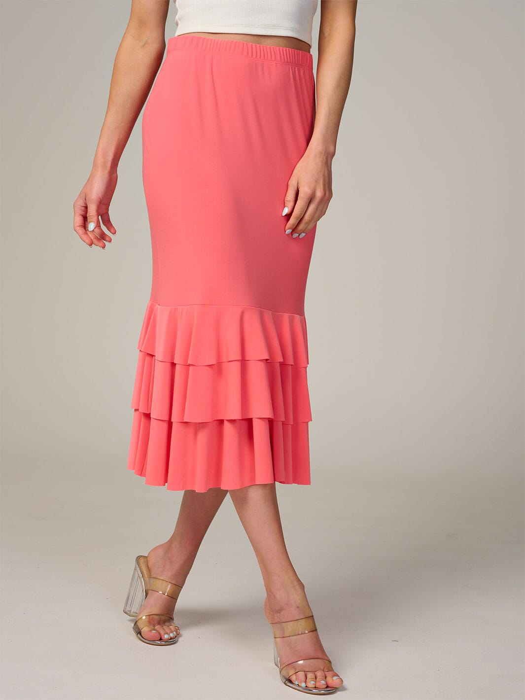 WOMEN'S ELASTIC WAIST TIERED RUFFLE BOTTOM HEM MIDI SKIRT