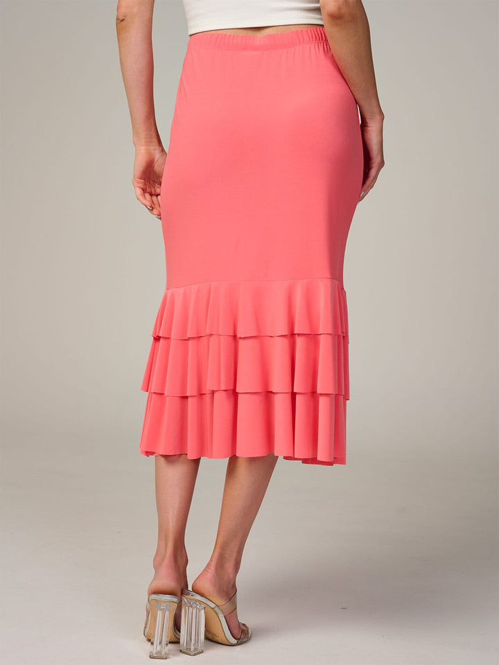 WOMEN'S ELASTIC WAIST TIERED RUFFLE BOTTOM HEM MIDI SKIRT