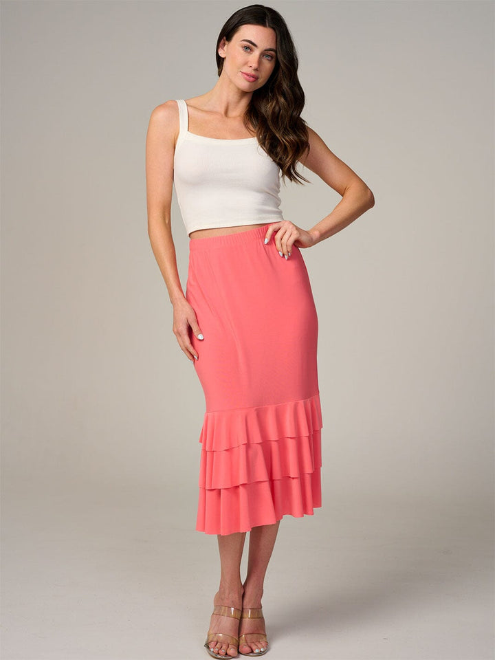 WOMEN'S ELASTIC WAIST TIERED RUFFLE BOTTOM HEM MIDI SKIRT