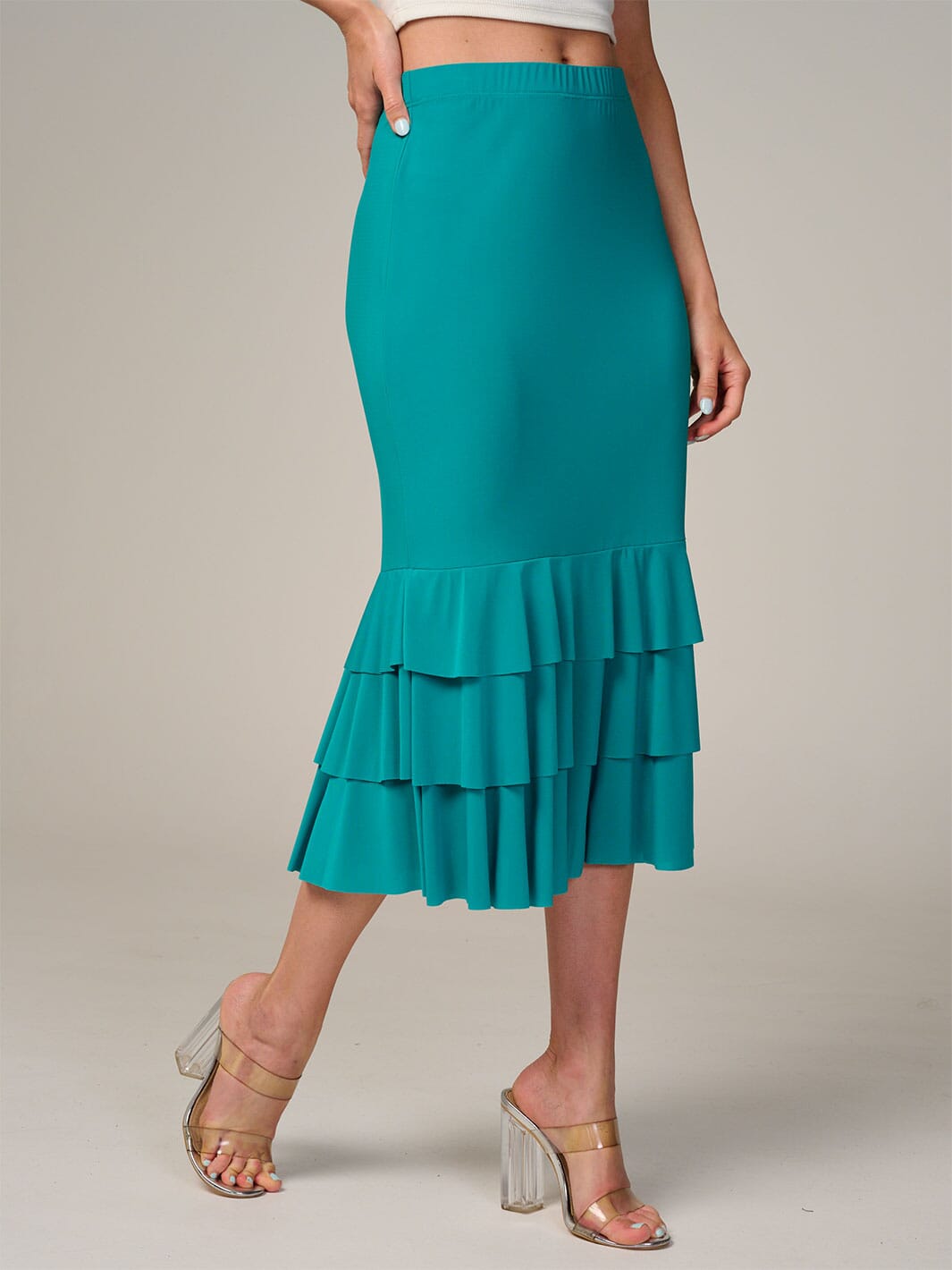 WOMEN'S ELASTIC WAIST TIERED RUFFLE BOTTOM HEM MIDI SKIRT