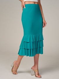 WOMEN'S ELASTIC WAIST TIERED RUFFLE BOTTOM HEM MIDI SKIRT
