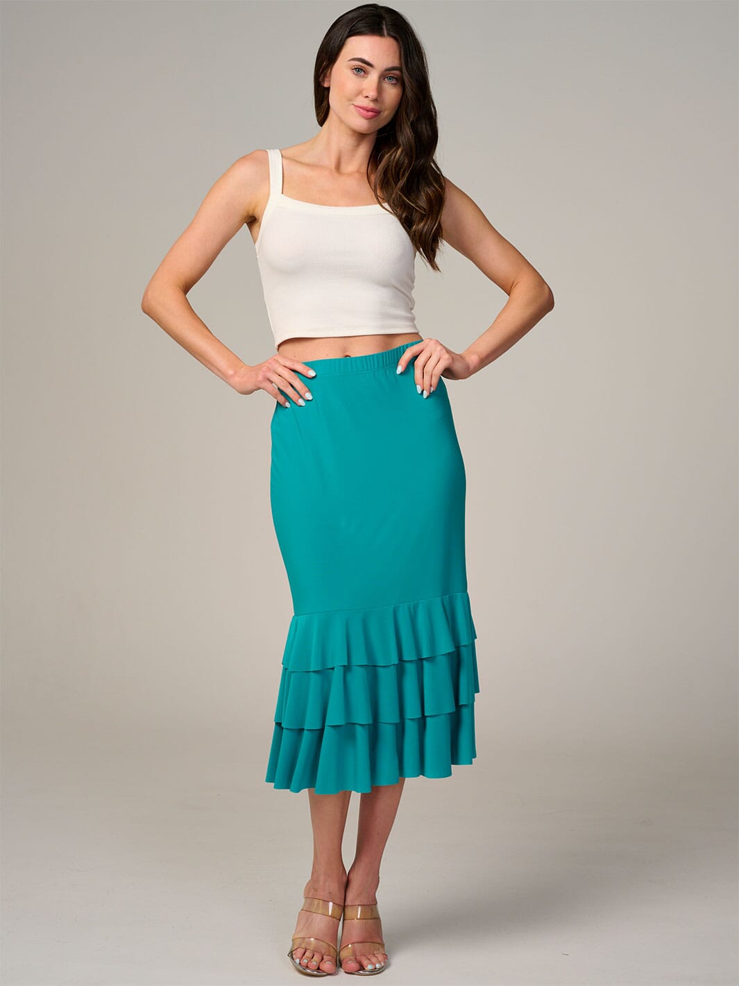 WOMEN'S ELASTIC WAIST TIERED RUFFLE BOTTOM HEM MIDI SKIRT