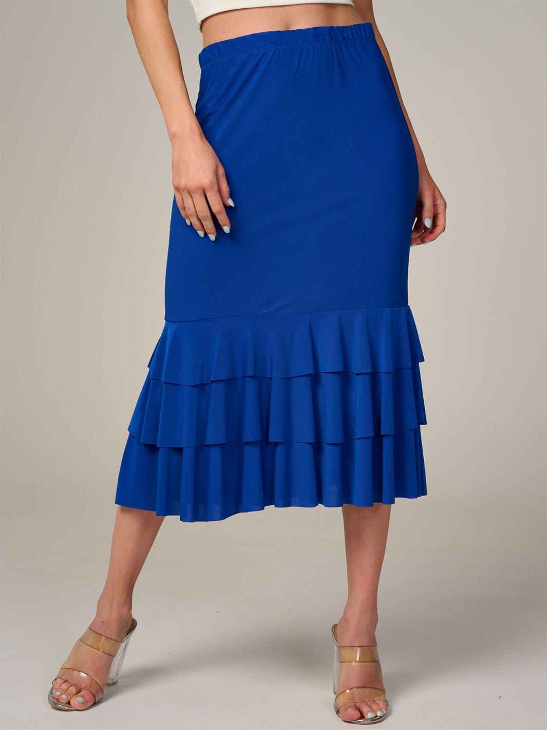 WOMEN'S ELASTIC WAIST TIERED RUFFLE BOTTOM HEM MIDI SKIRT