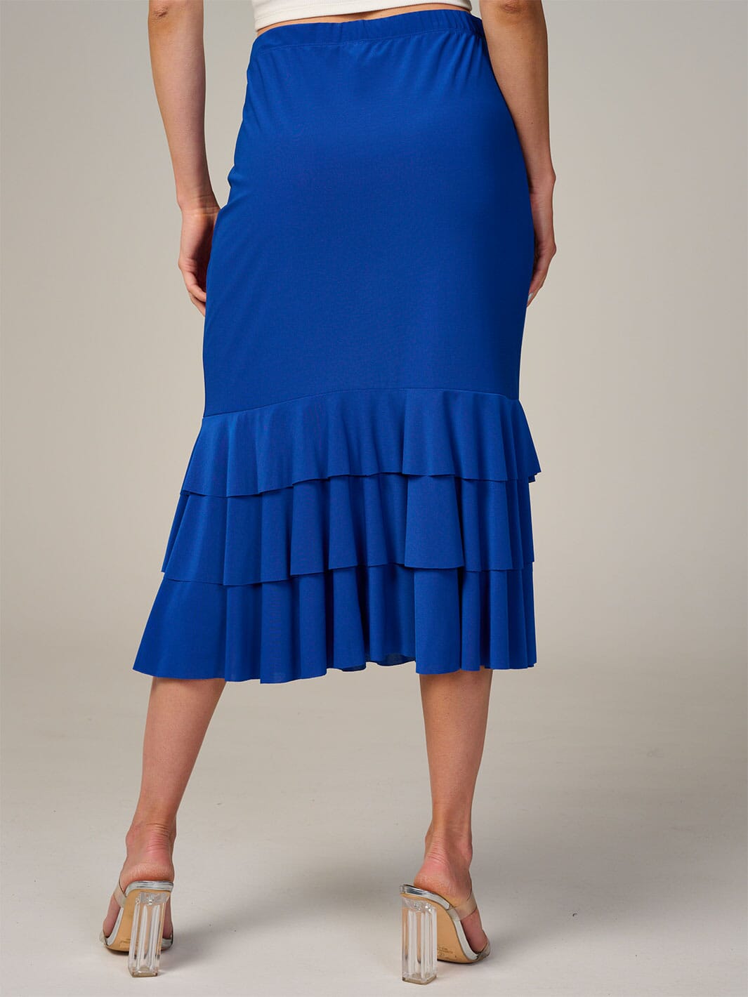 WOMEN'S ELASTIC WAIST TIERED RUFFLE BOTTOM HEM MIDI SKIRT