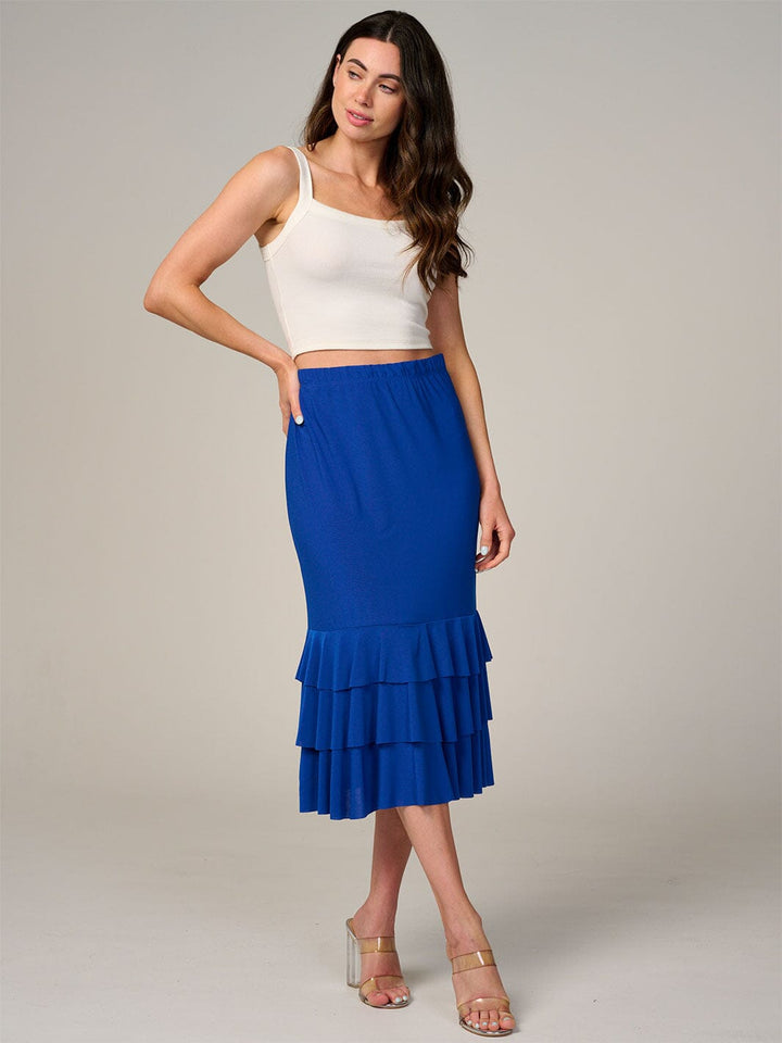 WOMEN'S ELASTIC WAIST TIERED RUFFLE BOTTOM HEM MIDI SKIRT