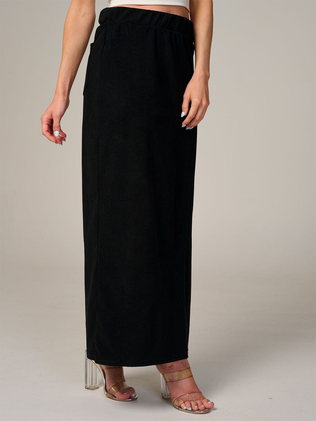 WOMEN'S ELASTIC WAIST BACK POCKET RIBBED MAXI SKIRT